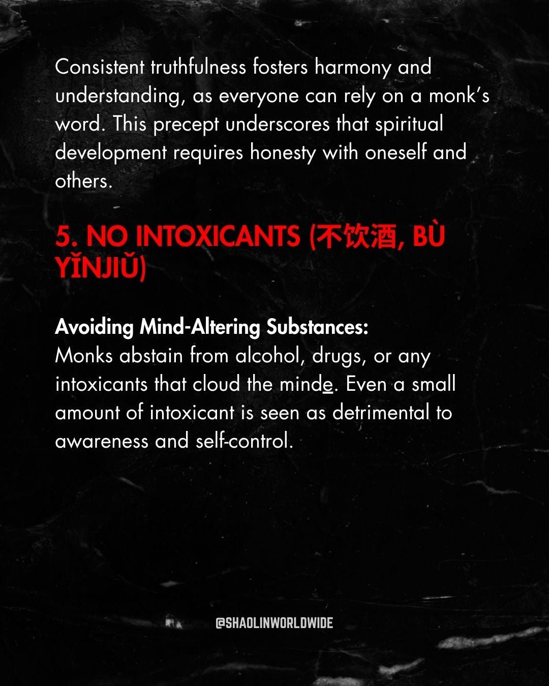 Shaolin Wisdom:  The Five Precepts (五戒)