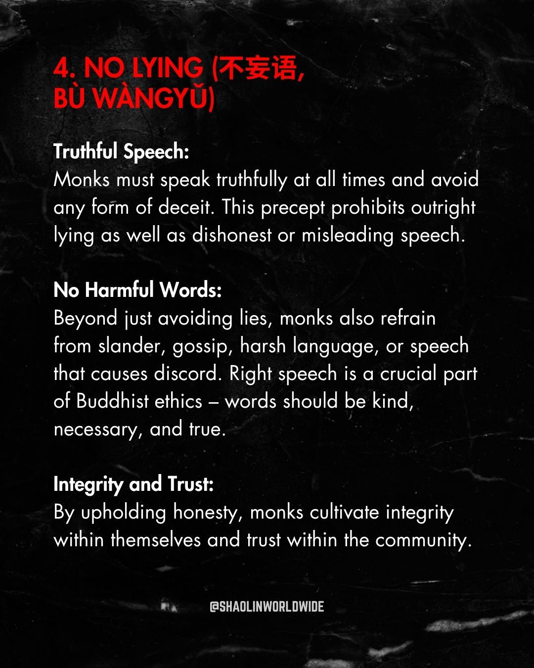 Shaolin Wisdom:  The Five Precepts (五戒)