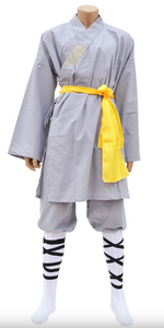 Authentic Gray Cotton Shaolin Kung Fu Monk Uniform with Yellow Sash