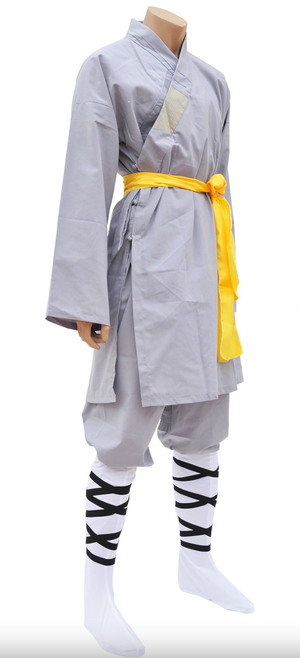 Authentic Gray Cotton Shaolin Kung Fu Monk Uniform with Yellow Sash