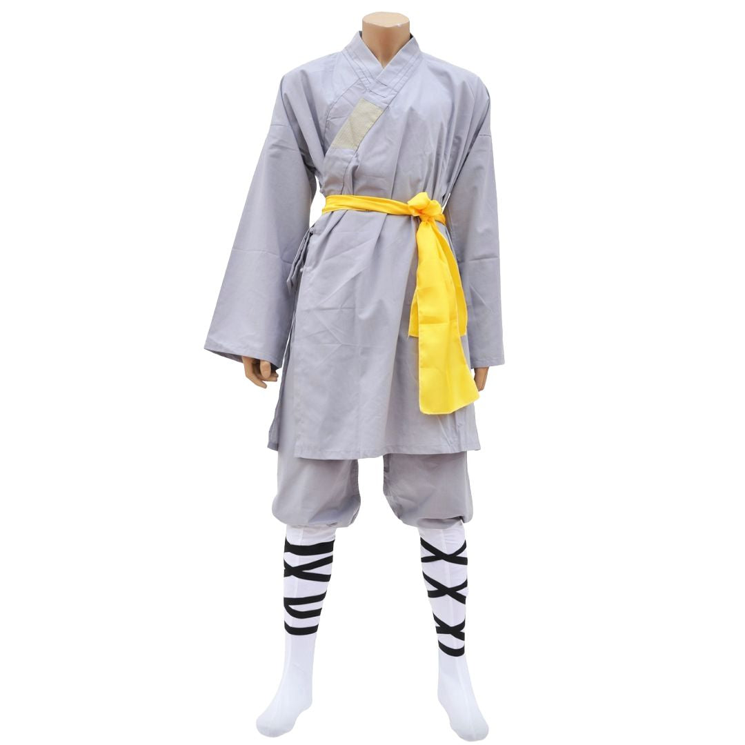 Authentic Gray Cotton Shaolin Kung Fu Monk Uniform with Yellow Sash