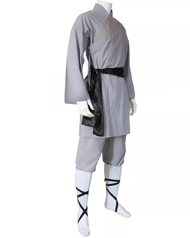 Authentic Gray Cotton Shaolin Kung Fu Monk Uniform with Black Sash