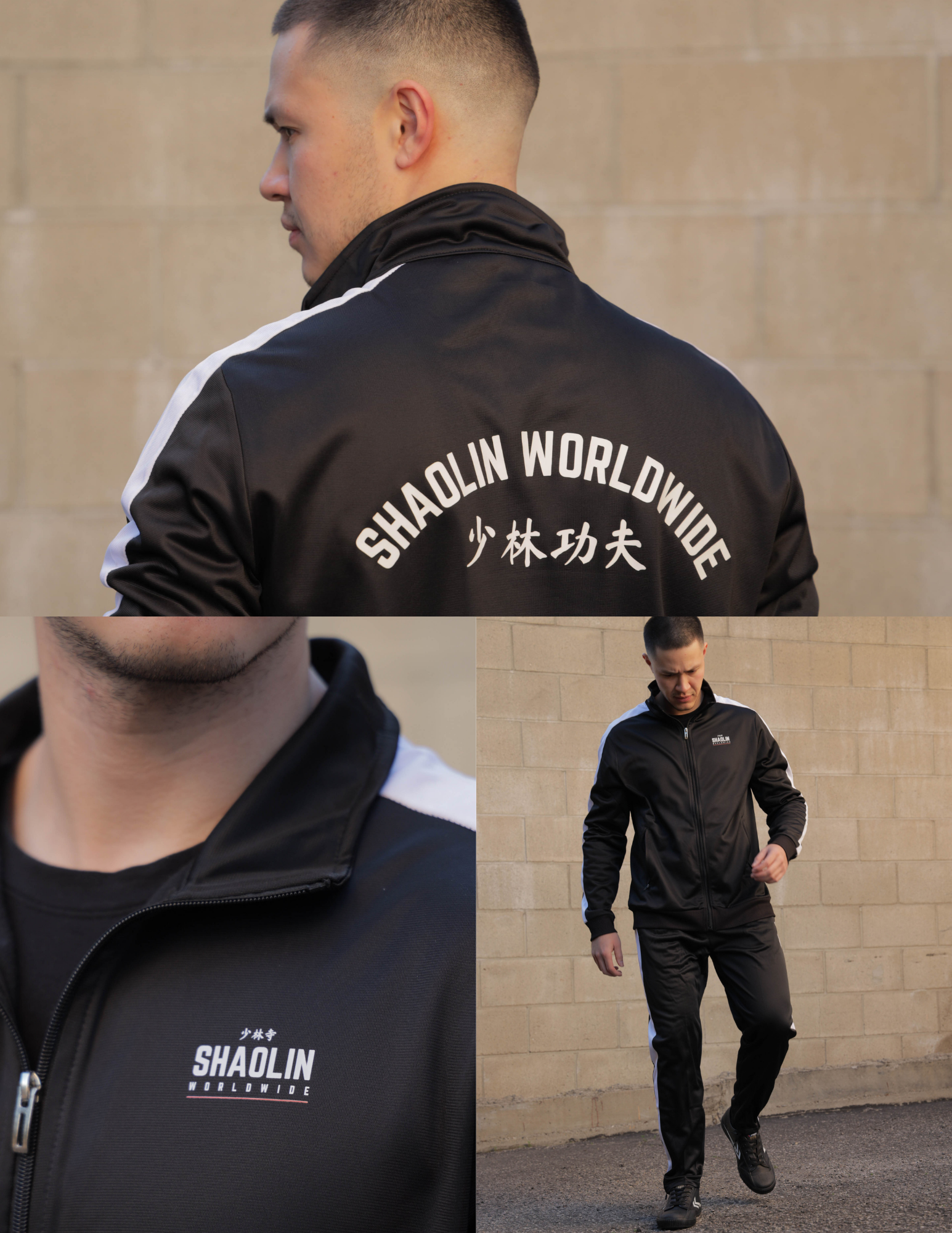 3 way collage of model wearing Limited Edition Black Tracksuit