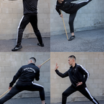 4 way collage of model wearing Limited Edition Black Tracksuit